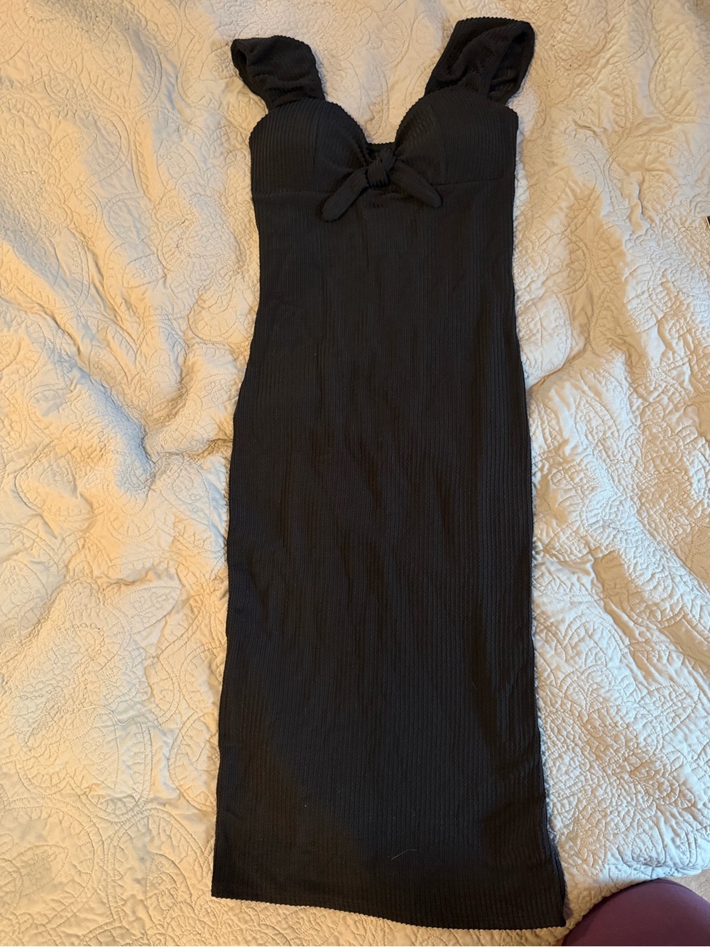 No Boundaries Black Ribbed Tie-Front Midi Dress